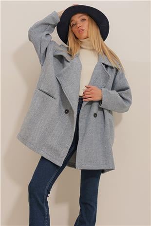 Kadın Lacivert Kruvaze Yaka Balık Sırtı Desenli Kaşe Cepli Kaban ALC-X10823