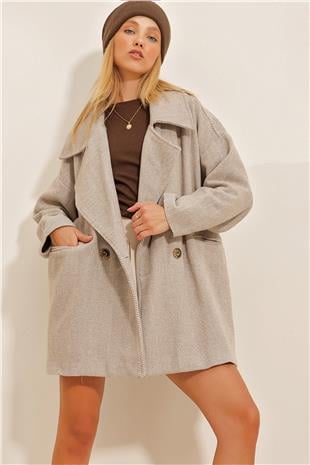 Kadın Bej Kruvaze Yaka Balık Sırtı Desenli Kaşe Cepli Kaban ALC-X10823