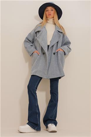 Kadın Lacivert Kruvaze Yaka Balık Sırtı Desenli Kaşe Cepli Kaban ALC-X10823