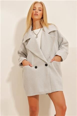 Kadın Gri Kruvaze Yaka Balık Sırtı Desenli Kaşe Cepli Kaban ALC-X10823