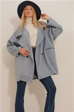 Kadın Lacivert Kruvaze Yaka Balık Sırtı Desenli Kaşe Cepli Kaban ALC-X10823