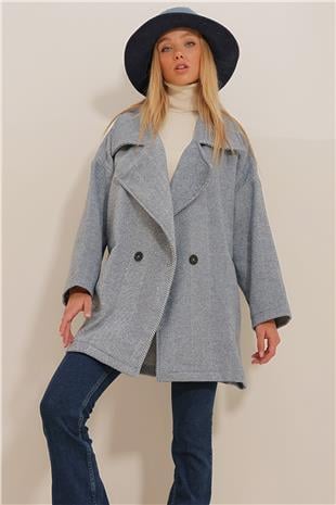 Kadın Lacivert Kruvaze Yaka Balık Sırtı Desenli Kaşe Cepli Kaban ALC-X10823