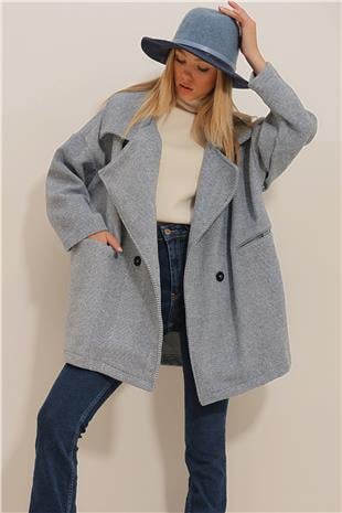 Kadın Lacivert Kruvaze Yaka Balık Sırtı Desenli Kaşe Cepli Kaban ALC-X10823