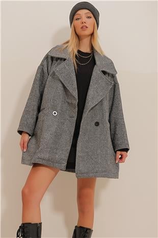 Kadın Siyah Kruvaze Yaka Balık Sırtı Desenli Kaşe Cepli Kaban ALC-X10823