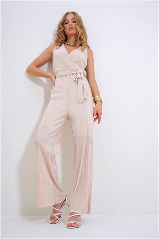 Kadın Açık Bej Kruvaze Yaka Beli Kemerli Göğüs Dekolteli Pileli Tulum ALC-X12193