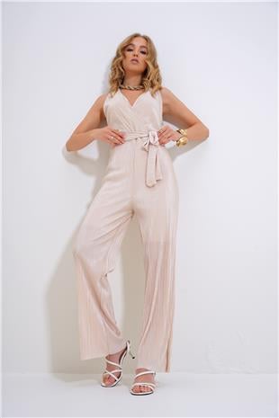 Kadın Açık Bej Kruvaze Yaka Beli Kemerli Göğüs Dekolteli Pileli Tulum ALC-X12193