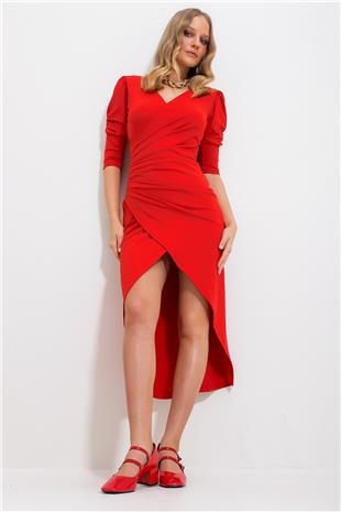 Kadın Kırmızı Kruvaze Yaka Drapeli Prenses Kol Kokteyl Elbise ALC-X11687