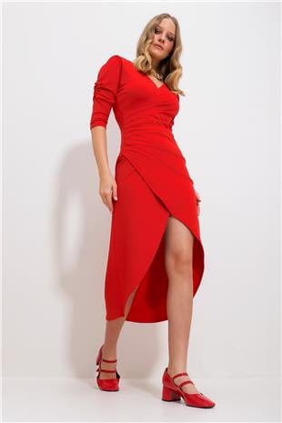 Kadın Kırmızı Kruvaze Yaka Drapeli Prenses Kol Kokteyl Elbise ALC-X11687