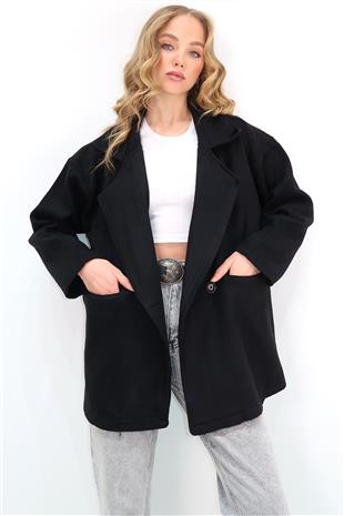 Kadın Siyah Kruvaze Yaka Fileto Cepli Kaşe Kısa Kaban ALC-X12778