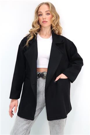 Kadın Siyah Kruvaze Yaka Fileto Cepli Kaşe Kısa Kaban ALC-X12778