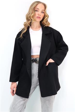 Kadın Siyah Kruvaze Yaka Fileto Cepli Kaşe Kısa Kaban ALC-X12778