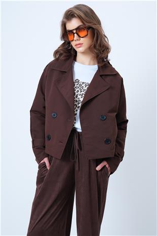Kadın Kahverengi Kruvaze Yaka İçi Astarlı Kısa Trenç Ceket VS01185