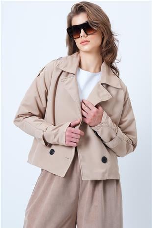 Kadın Bej Kruvaze Yaka İçi Astarlı Kısa Trenç Ceket VS01185