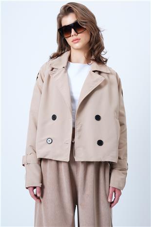 Kadın Bej Kruvaze Yaka İçi Astarlı Kısa Trenç Ceket VS01185