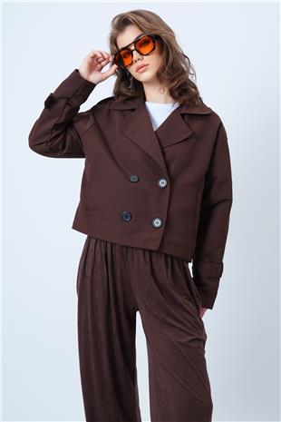Kadın Kahverengi Kruvaze Yaka İçi Astarlı Kısa Trenç Ceket VS01185