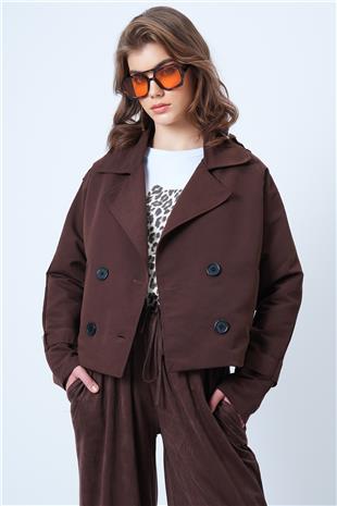 Kadın Kahverengi Kruvaze Yaka İçi Astarlı Kısa Trenç Ceket VS01185