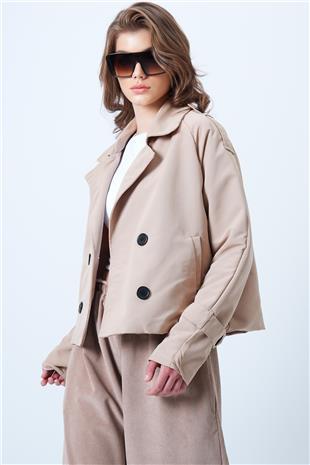 Kadın Bej Kruvaze Yaka İçi Astarlı Kısa Trenç Ceket VS01185