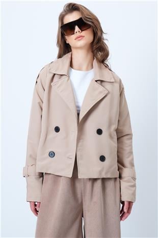 Kadın Bej Kruvaze Yaka İçi Astarlı Kısa Trenç Ceket VS01185