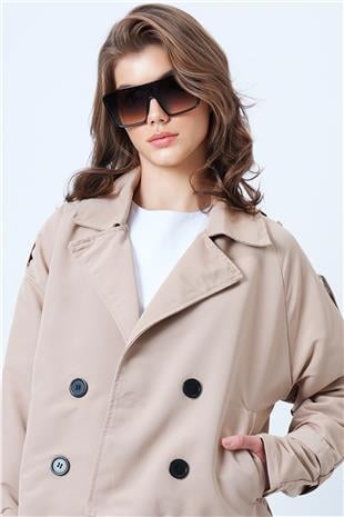 Kadın Bej Kruvaze Yaka İçi Astarlı Kısa Trenç Ceket VS01185