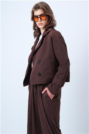 Kadın Kahverengi Kruvaze Yaka İçi Astarlı Kısa Trenç Ceket VS01185