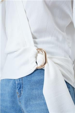 Kadın Beyaz Kruvaze Yaka Kemerli Manşet Kollu Dokuma Bluz ALC-X14505