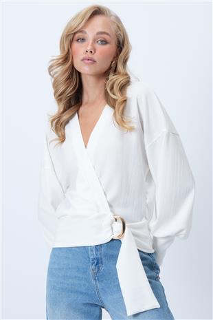 Kadın Beyaz Kruvaze Yaka Kemerli Manşet Kollu Dokuma Bluz ALC-X14505