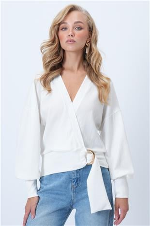 Kadın Beyaz Kruvaze Yaka Kemerli Manşet Kollu Dokuma Bluz ALC-X14505