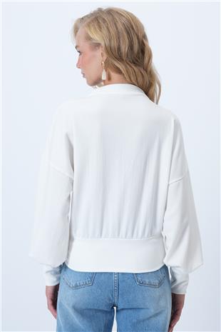 Kadın Beyaz Kruvaze Yaka Kemerli Manşet Kollu Dokuma Bluz ALC-X14505