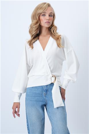 Kadın Beyaz Kruvaze Yaka Kemerli Manşet Kollu Dokuma Bluz ALC-X14505
