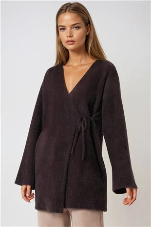 Kadın Kahverengi Kruvaze Yaka Püsküllü Hırka VS01002