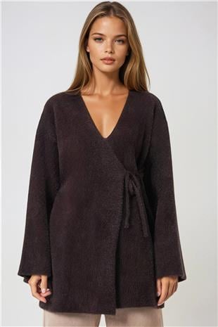 Kadın Kahverengi Kruvaze Yaka Püsküllü Hırka VS01002