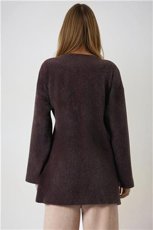 Kadın Kahverengi Kruvaze Yaka Püsküllü Hırka VS01002