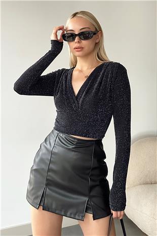 Kadın Siyah Kruvaze Yaka Simli Crop Bluz ALC-X11184
