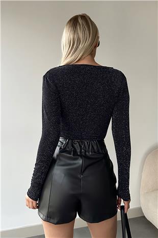 Kadın Siyah Kruvaze Yaka Simli Crop Bluz ALC-X11184