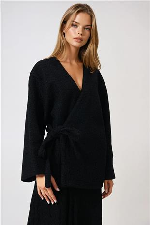 Kadın Siyah Kruvaze Yaka Yandan Bağlamalı Premium Ceket VS01010