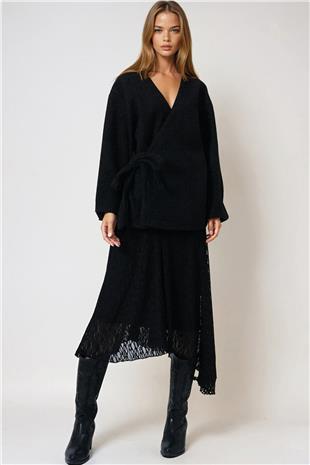 Kadın Siyah Kruvaze Yaka Yandan Bağlamalı Premium Ceket VS01010