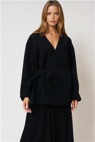 Kadın Siyah Kruvaze Yaka Yandan Bağlamalı Premium Ceket VS01010