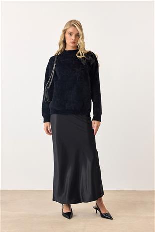 Kadın Siyah Kurdele Detaylı Bisiklet Yaka İncili Püsküllü Triko Kazak VS00940