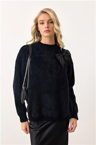 Kadın Siyah Kurdele Detaylı Bisiklet Yaka İncili Püsküllü Triko Kazak VS00940