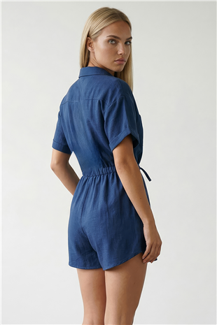 Lacivert Gömlek Yaka Çift Cepli Keten Şort Tulum