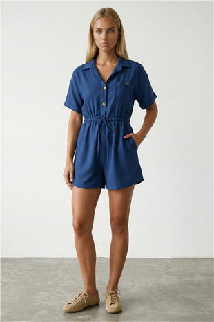 Lacivert Gömlek Yaka Çift Cepli Keten Şort Tulum