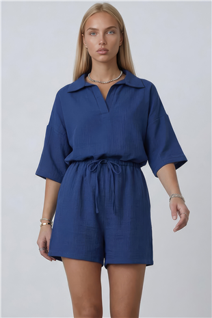 Lacivert Polo Yaka Keten Bluz Ve Şort Takım