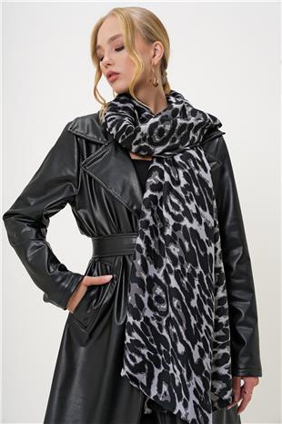 Kadın Siyah Leopar Desenli Dokuma Şal ALC-X13250