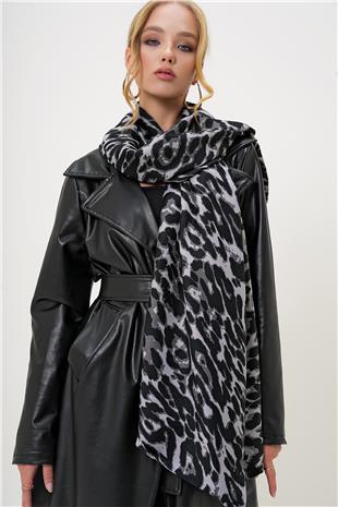 Kadın Siyah Leopar Desenli Dokuma Şal ALC-X13250
