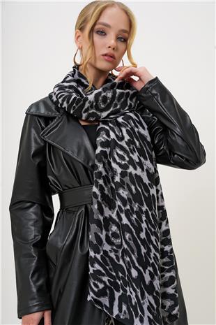 Kadın Siyah Leopar Desenli Dokuma Şal ALC-X13250