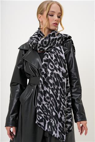 Kadın Siyah Leopar Desenli Dokuma Şal ALC-X13250