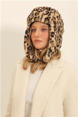 Kadın Leopar Leopar Desenli Kulaklıklı Klips Kapamalı Şapka ALC-X11346
