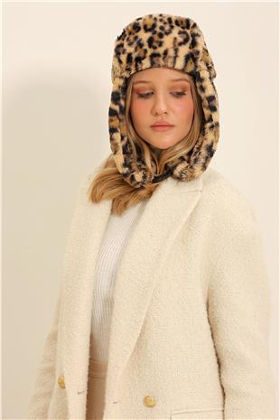 Kadın Leopar Leopar Desenli Kulaklıklı Klips Kapamalı Şapka ALC-X11346