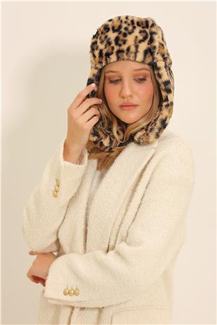 Kadın Leopar Leopar Desenli Kulaklıklı Klips Kapamalı Şapka ALC-X11346