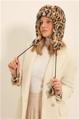 Kadın Leopar Leopar Desenli Kulaklıklı Şapka ALC-X11345